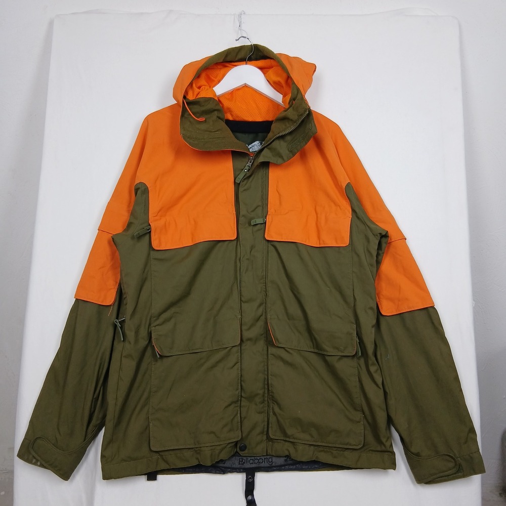 Billabong Snowboard Jacket Orange Olive Green Colorblock Hooded Mens Large